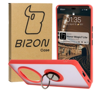 Etui Bizon z uchwytem na palec Hybrid Ring do Honor Magic7 Lite Przydymione z czerwoną ramką