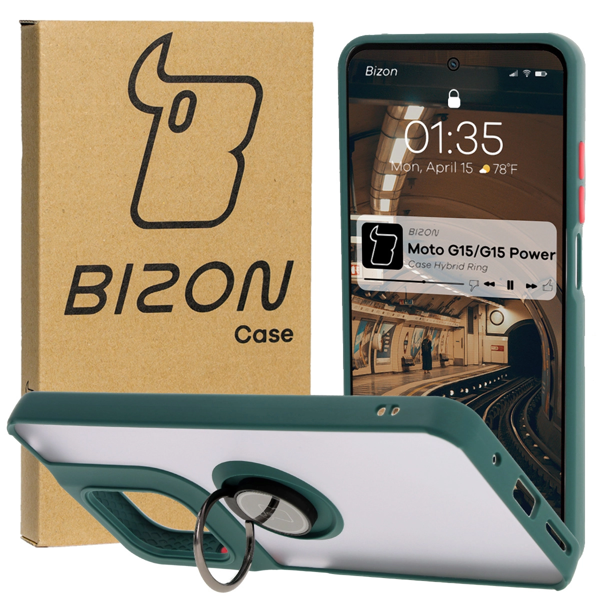 Bizon z uchwytem na palec Hybrid Ring do Motorola Moto G15 / G15 Power Przydymione z ciemnozieloną ramką