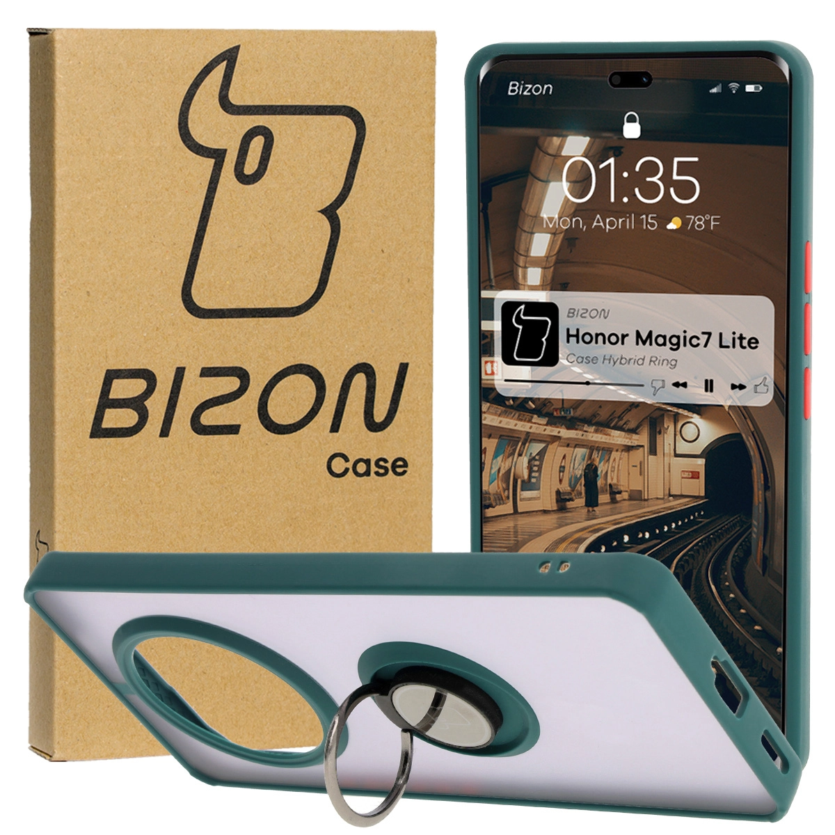 Etui Bizon z uchwytem na palec Hybrid Ring do Honor Magic7 Lite Przydymione z ciemnozieloną ramką