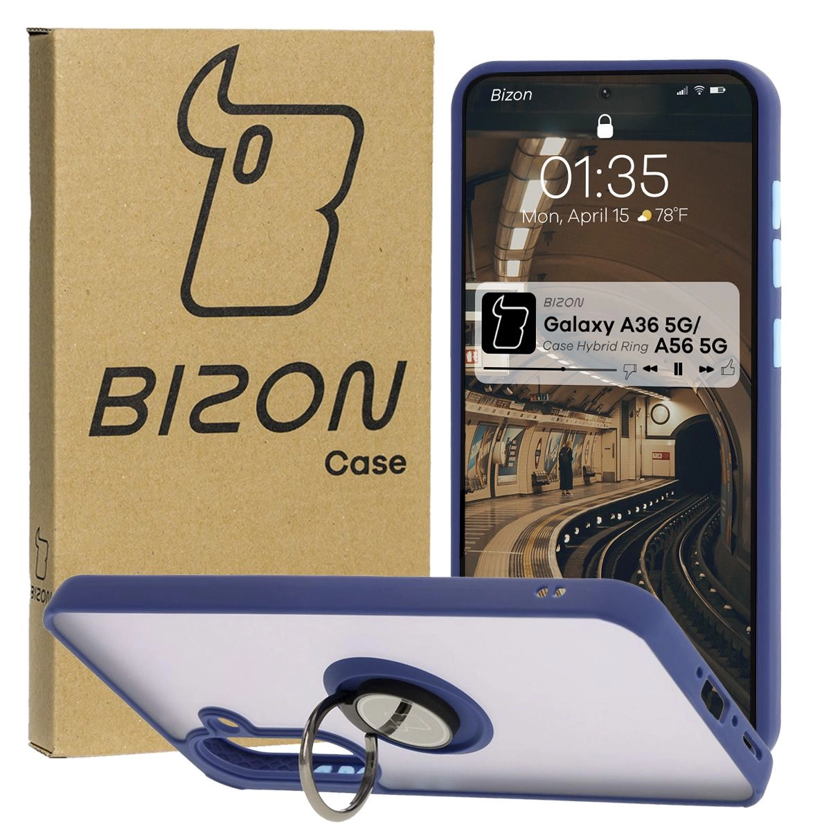 Etui Bizon z uchwytem na palec Hybrid Ring do Galaxy A36 5G / A56 5G Przydymione z granatową ramką