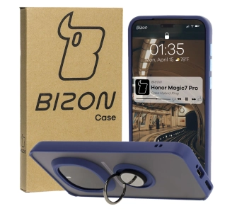 Etui Bizon z uchwytem na palec Hybrid Ring do Honor Magic7 Pro Przydymione z granatową ramką