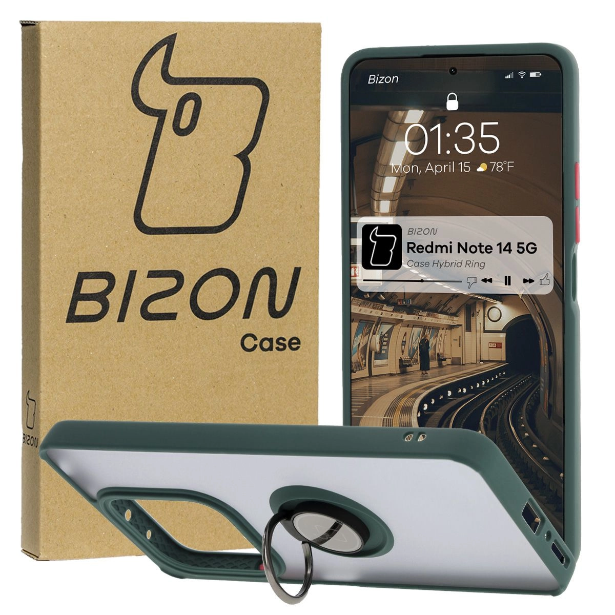 Etui Bizon z uchwytem na palec Hybrid Ring do Xiaomi Redmi Note 14 5G Przydymione z ciemnozieloną ramką