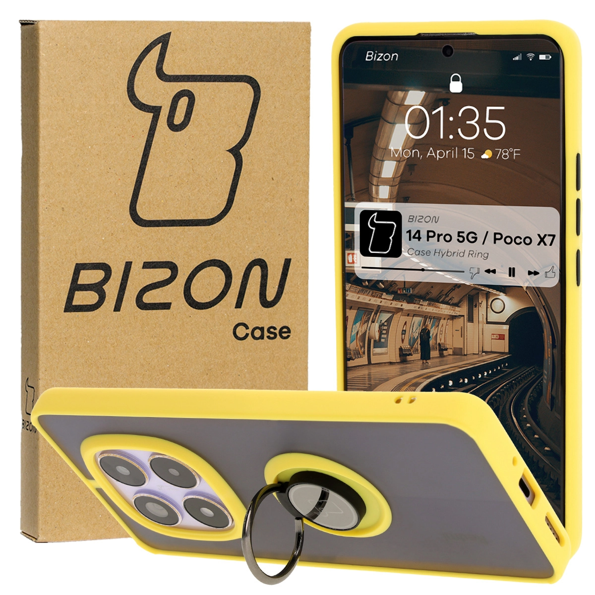 Etui Bizon z uchwytem na palec Hybrid Ring do Xiaomi Redmi Note 14 Pro 5G / Poco X7 Przydymione z żółtą ramką
