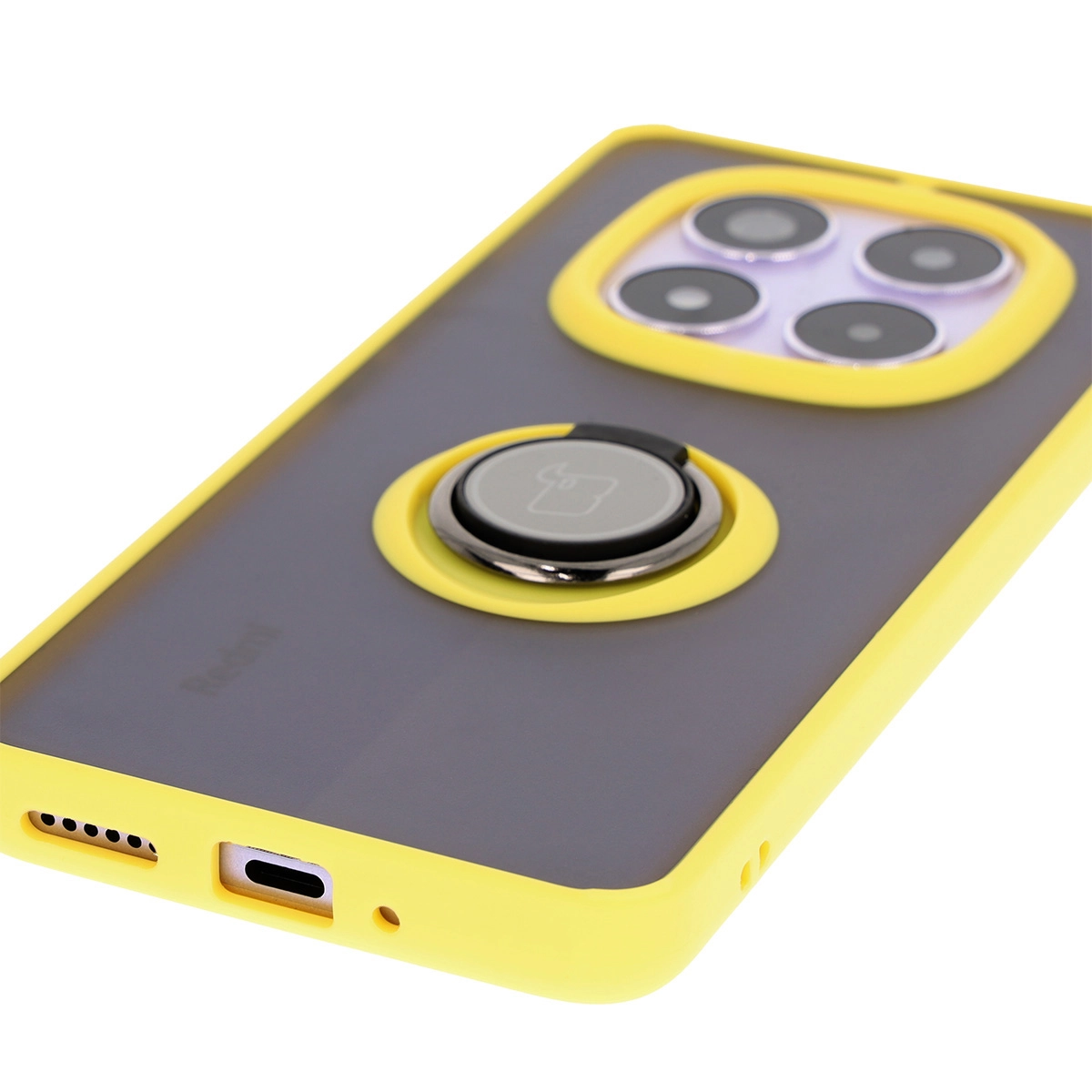 Etui Bizon z uchwytem na palec Hybrid Ring do Xiaomi Redmi Note 14 Pro 5G / Poco X7 Przydymione z żółtą ramką