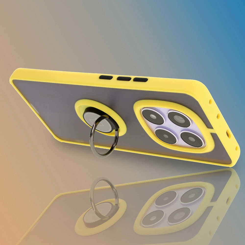 Etui Bizon z uchwytem na palec Hybrid Ring do Xiaomi Redmi Note 14 Pro 5G / Poco X7 Przydymione z żółtą ramką