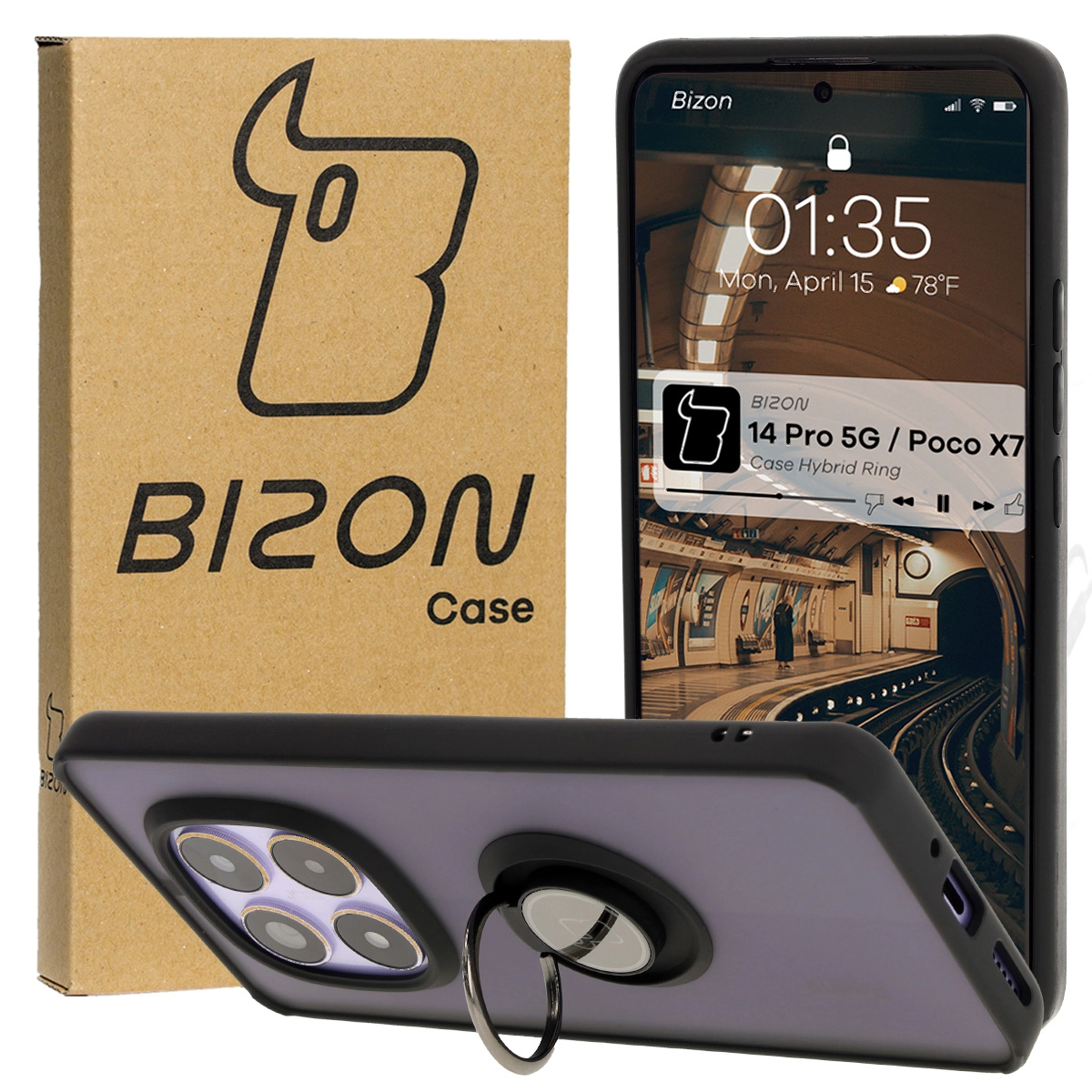 Etui Bizon z uchwytem na palec Hybrid Ring do Xiaomi Redmi Note 14 Pro 5G / Poco X7 Przydymione z czarną ramką