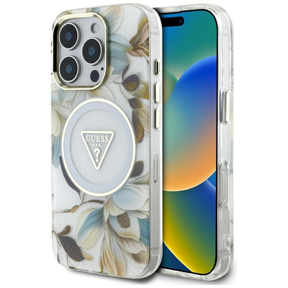 Etui Guess Glitter Flowers Triangle Buttons MagSafe do iPhone 16 Pro Max Biały