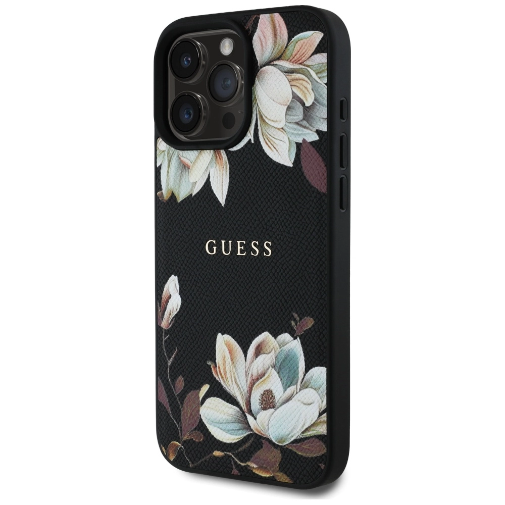 Etui Guess Grained Printed Flower Pattern MagSafe do iPhone 16 Pro Max Czarny
