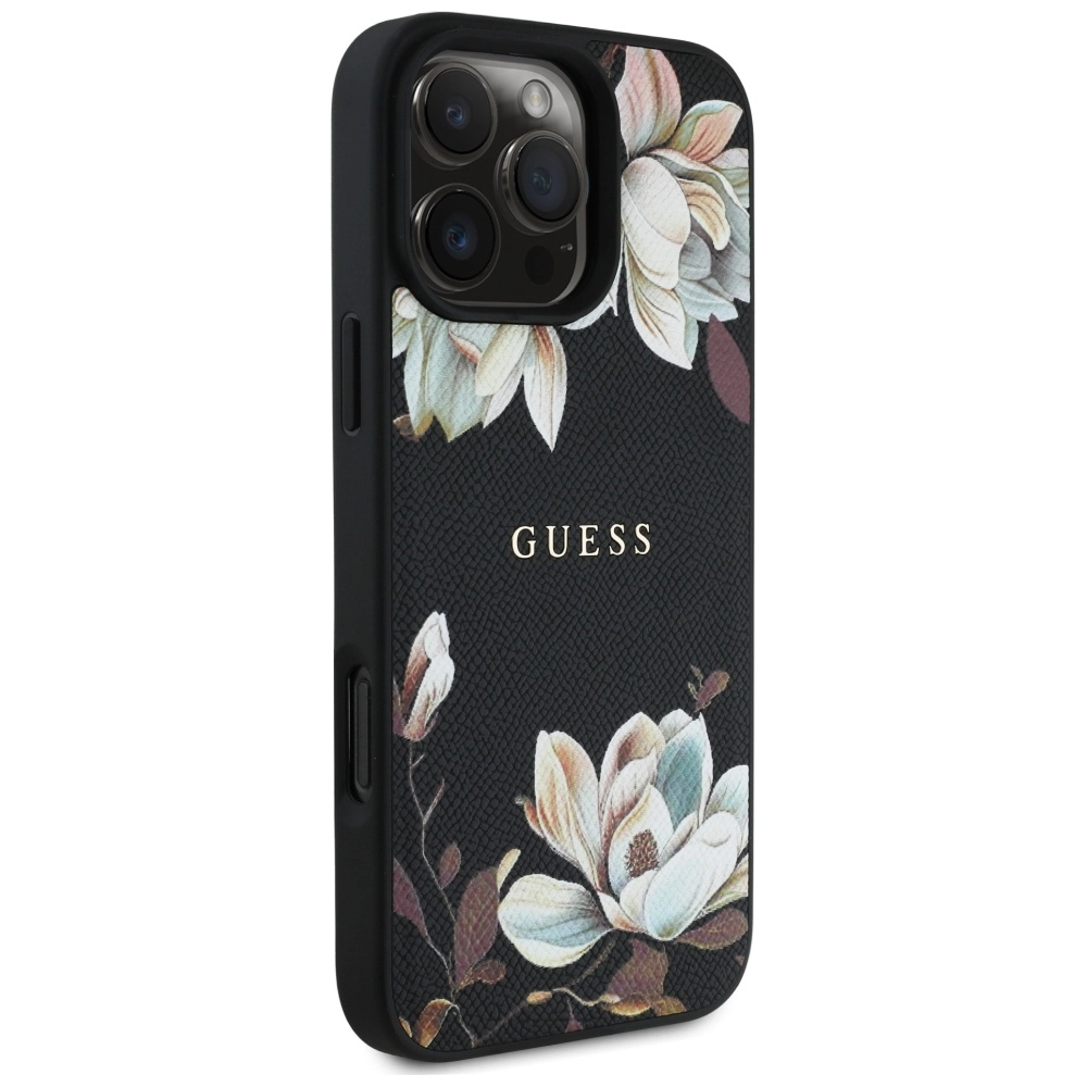 Etui Guess Grained Printed Flower Pattern MagSafe do iPhone 16 Pro Max Czarny