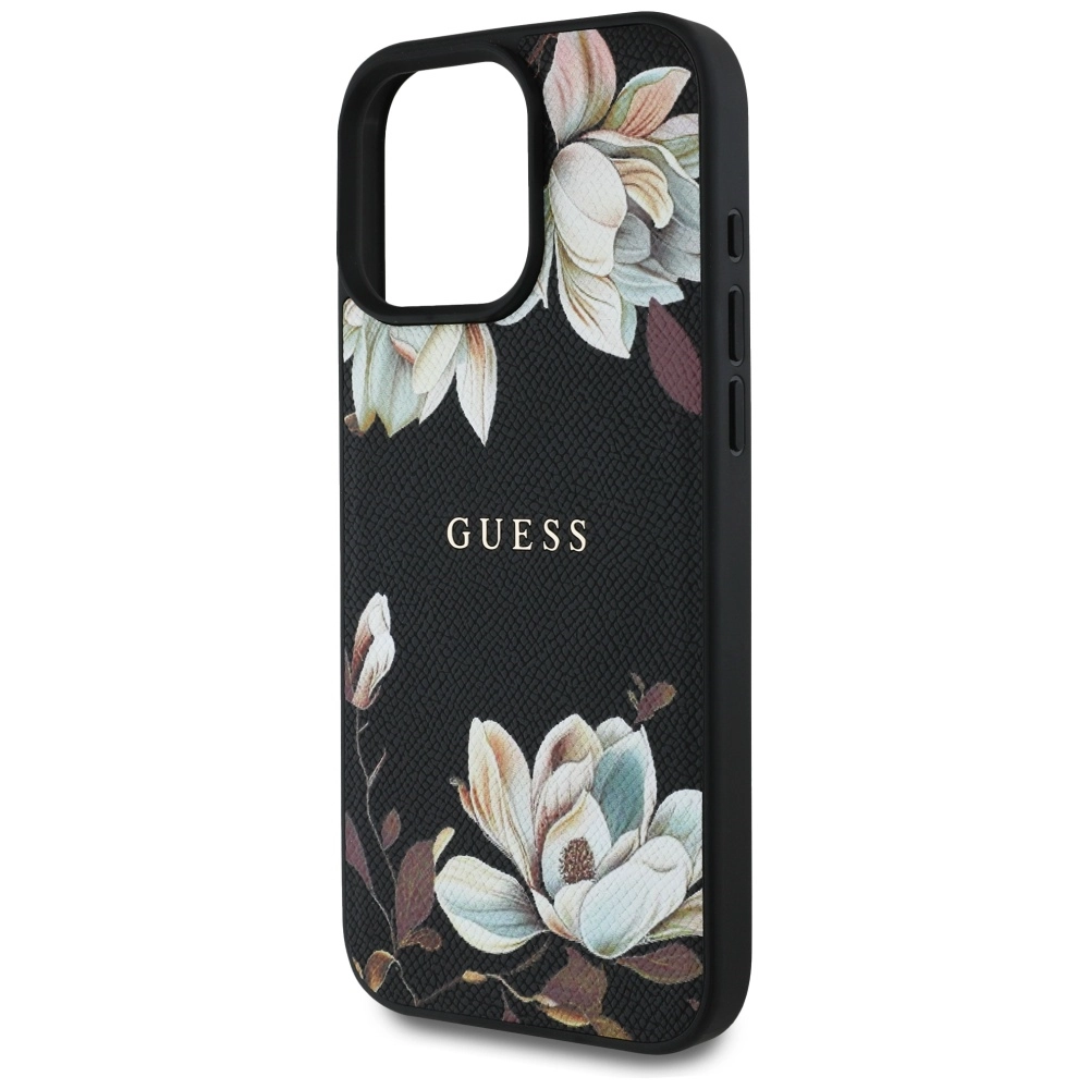 Etui Guess Grained Printed Flower Pattern MagSafe do iPhone 16 Pro Max Czarny