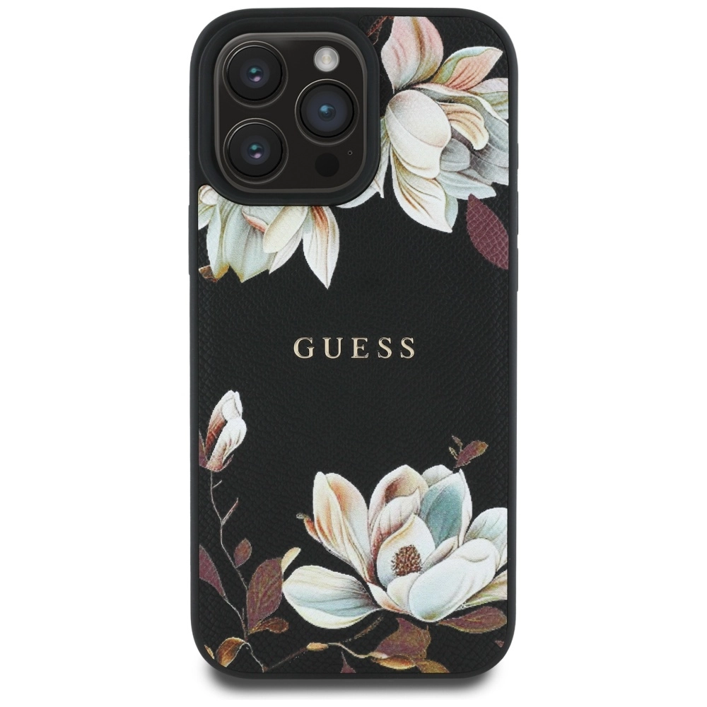 Etui Guess Grained Printed Flower Pattern MagSafe do iPhone 16 Pro Max Czarny