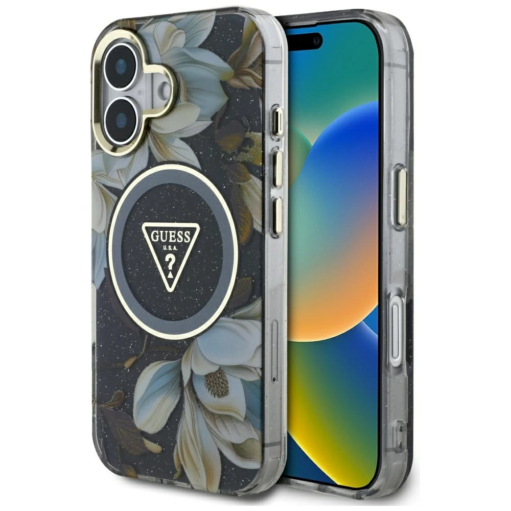 Etui Guess Glitter Flowers Triangle Buttons MagSafe do iPhone 16 Czarny