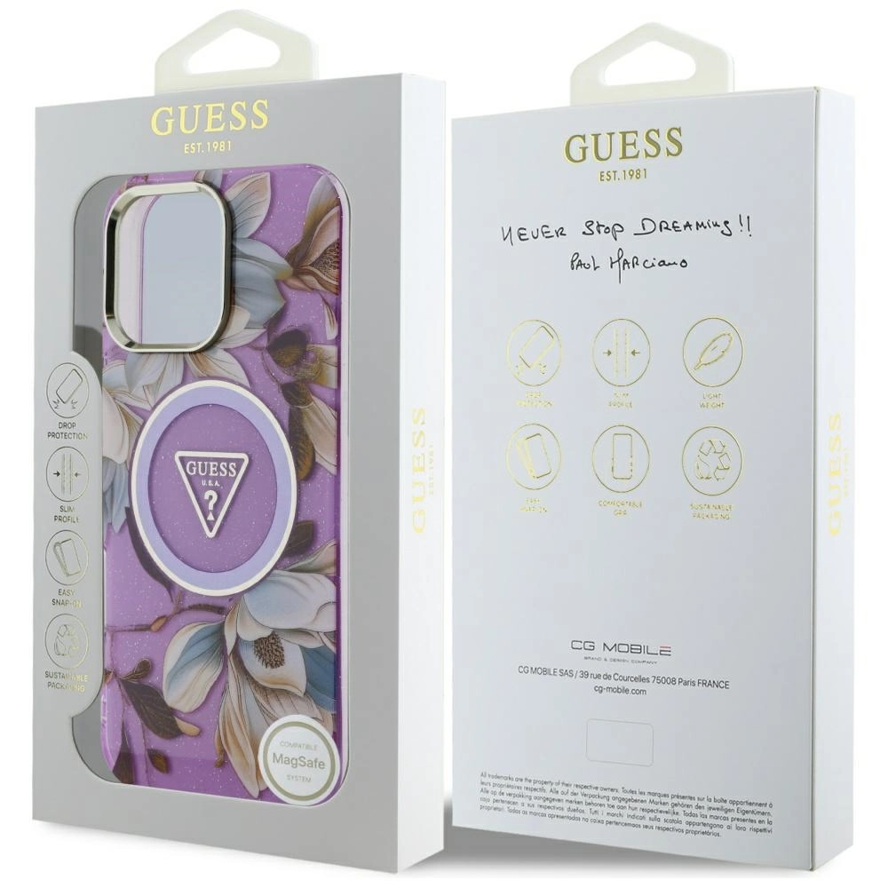 Etui Guess Glitter Flowers Triangle Buttons MagSafe do iPhone 16 Pro Fioletowy
