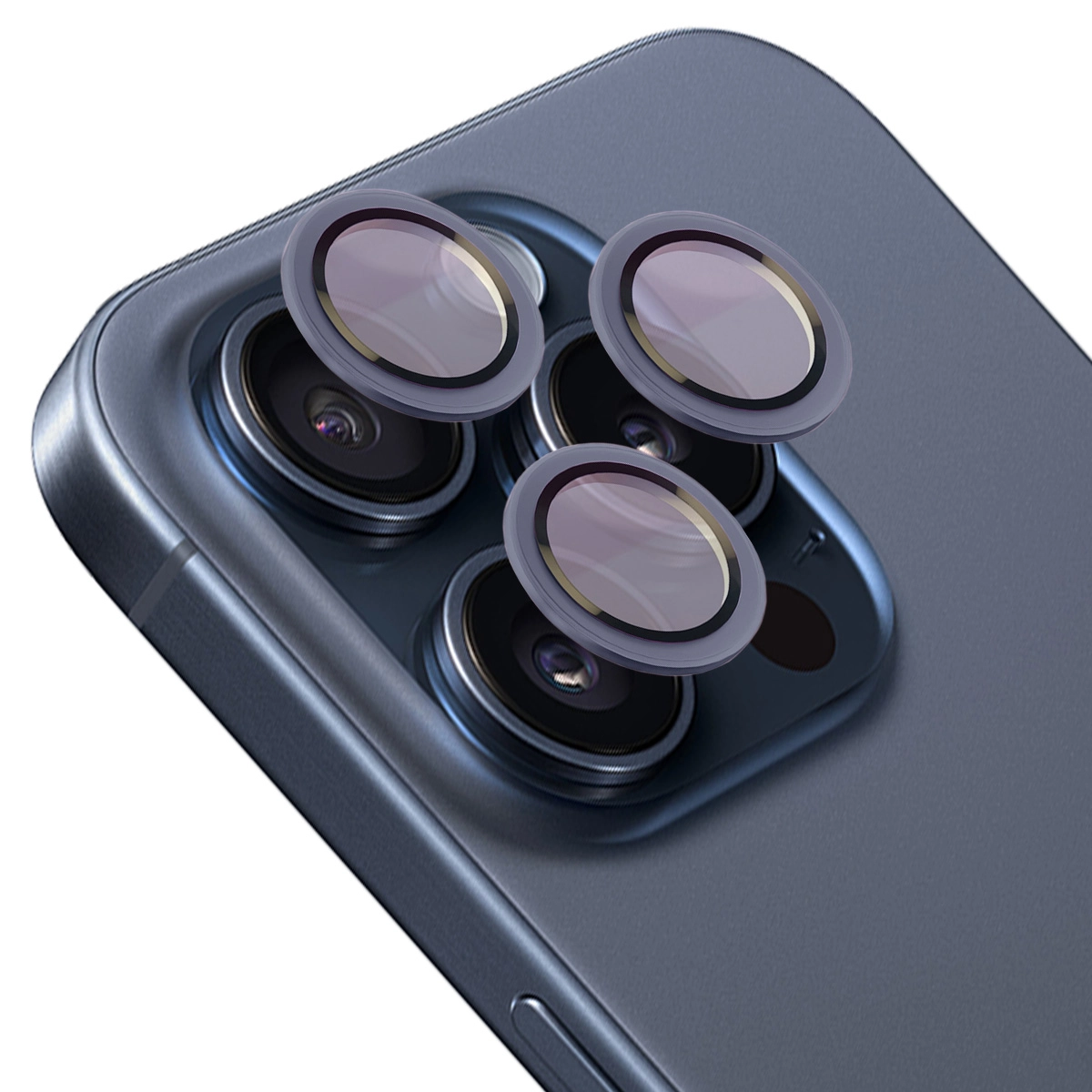 Szkło hartowane Bizon na aparat z aplikatorem Snap Lens do iPhone 15 Pro/15 Pro Max niebieska ramka