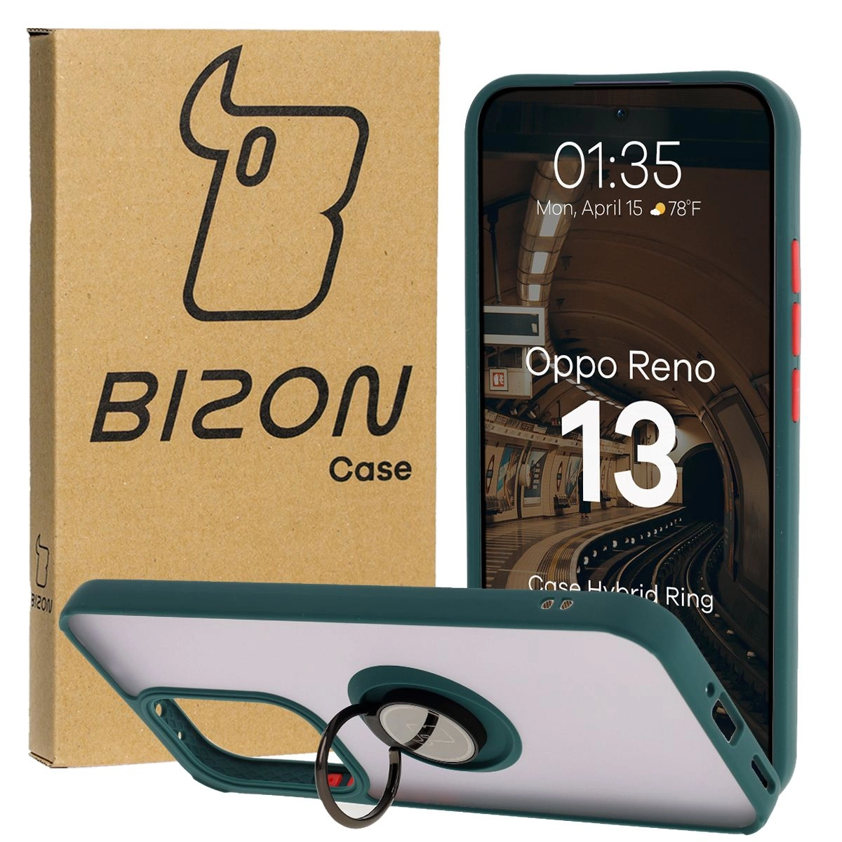 Etui Bizon z uchwytem na palec Hybrid Ring do Oppo Reno13 przydymione z Ciemnozieloną ramką
