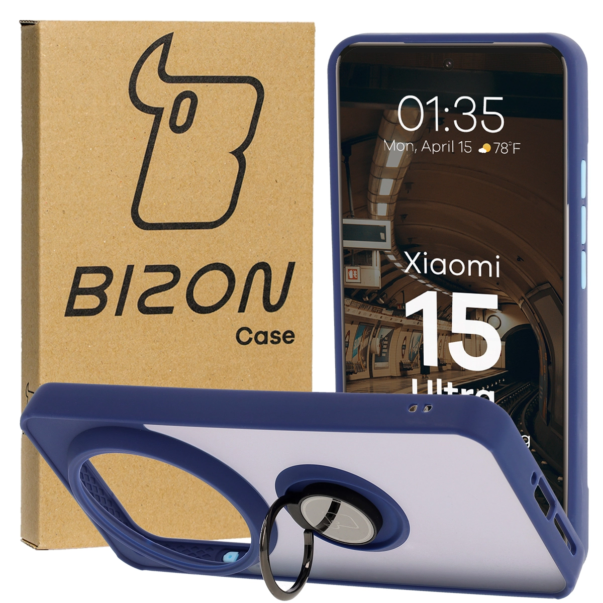 Etui Bizon z uchwytem na palec Hybrid Ring do Xiaomi 15 Ultra przydymione z Granatową ramką