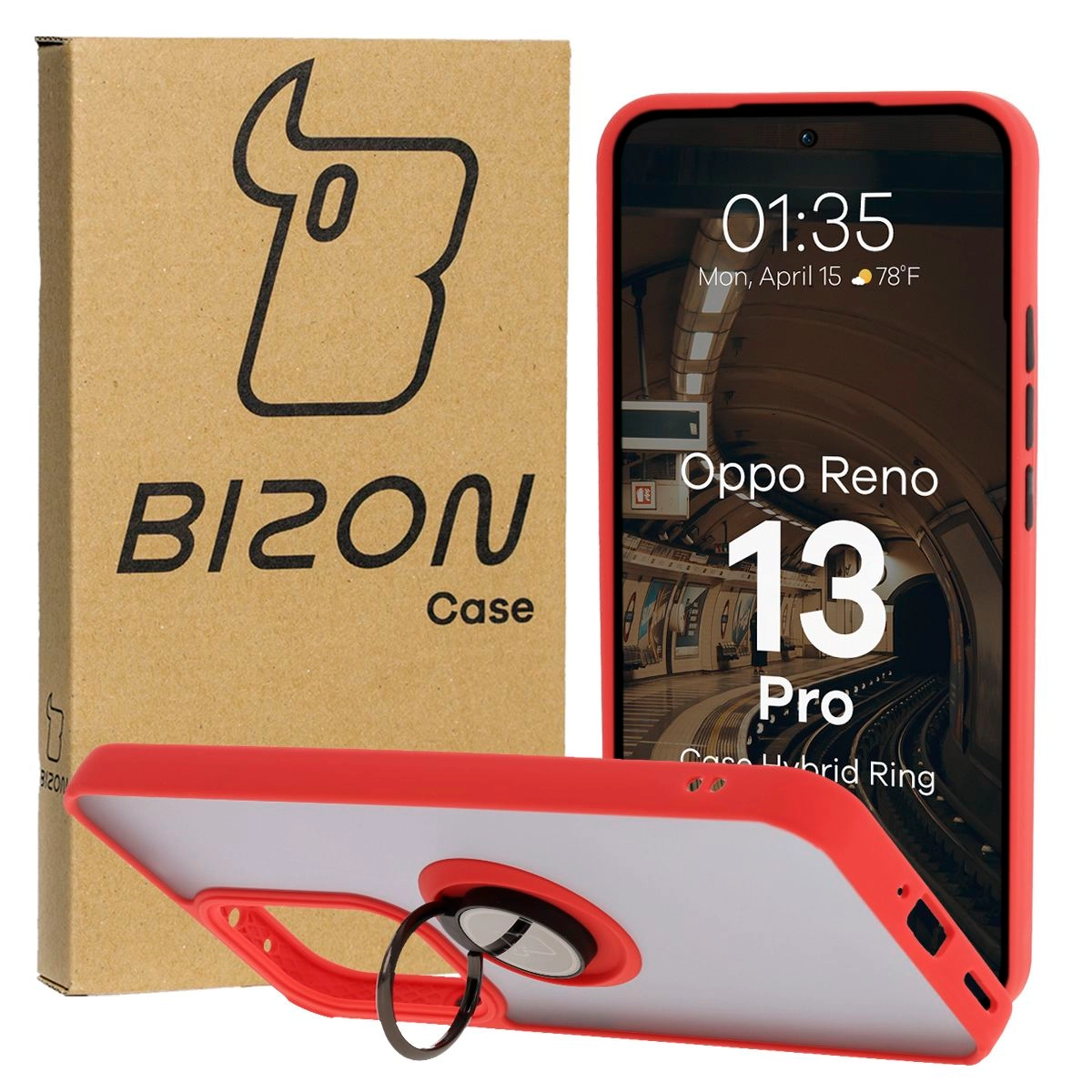 Etui Bizon z uchwytem na palec Hybrid Ring do Oppo Reno13 Pro przydymione z Czerwoną ramką