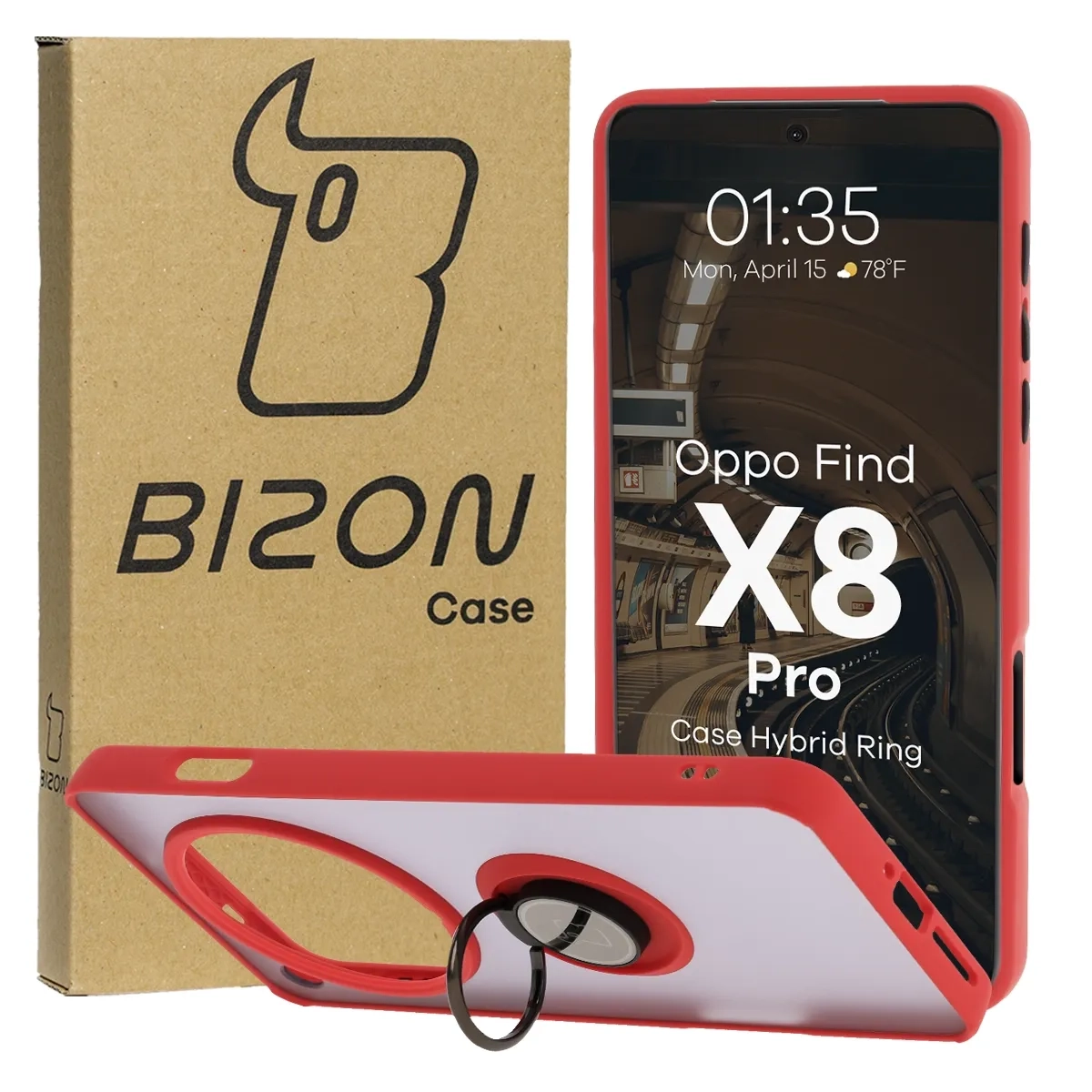 Etui Bizon z uchwytem na palec Hybrid Ring do Oppo Find X8 Pro przydymione z Czerwoną ramką