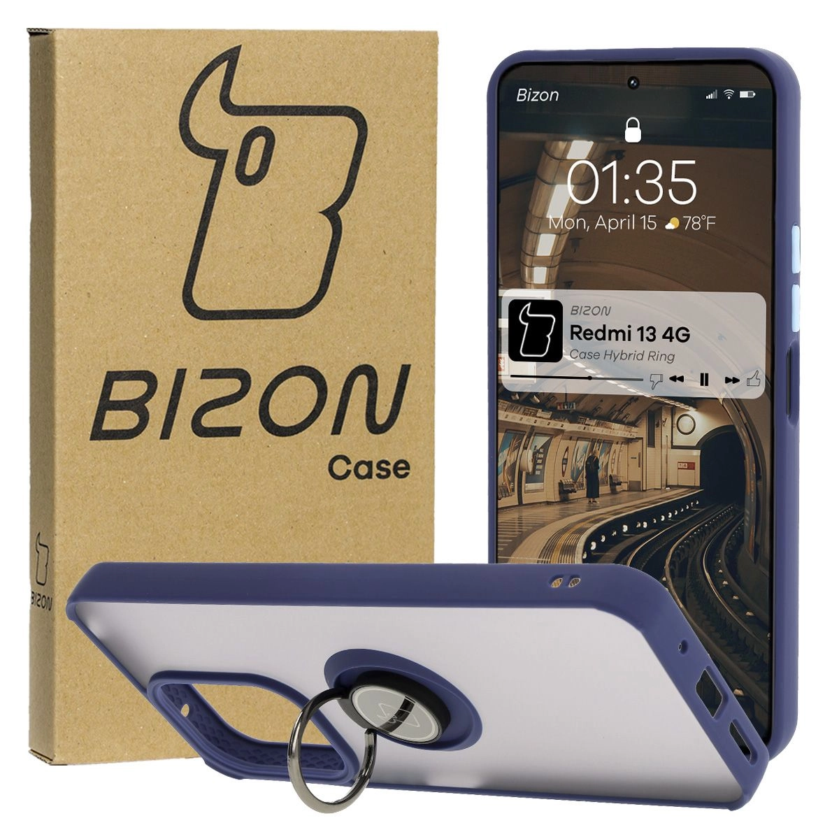 Etui Bizon z uchwytem na palec Hybrid Ring do Xiaomi Redmi 13 4G przydymione z Granatową ramką