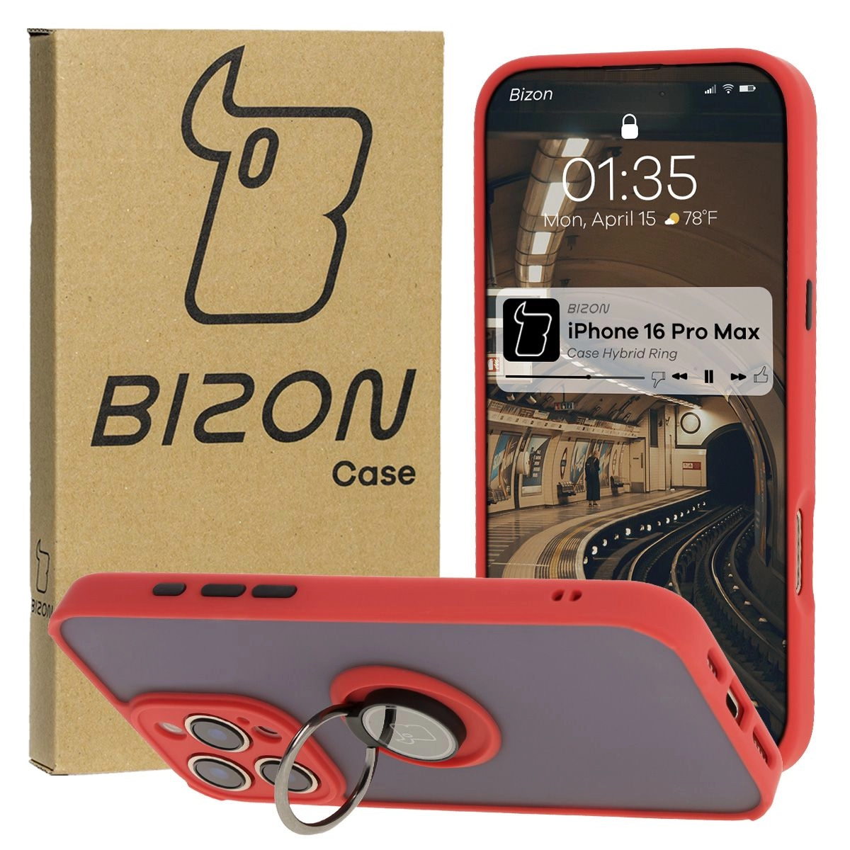 Etui Bizon z uchwytem na palec Hybrid Ring do iPhone 16 Pro Max przydymione z Czerwoną ramką