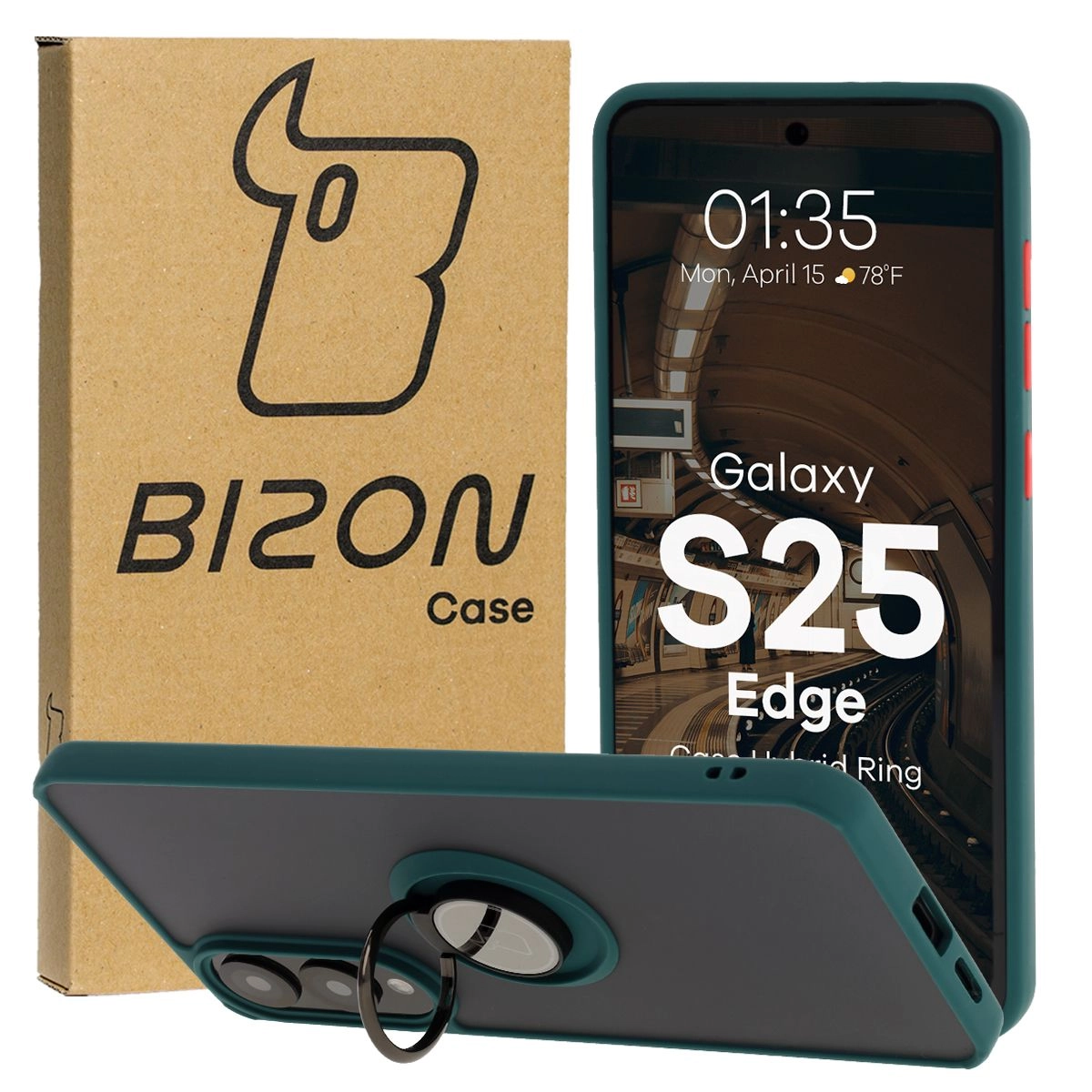 Etui Bizon z uchwytem na palec Hybrid Ring do Galaxy S25 Edge przydymione z Ciemnozieloną ramką