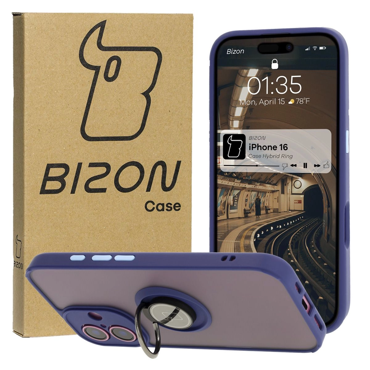 Etui Bizon z uchwytem na palec Hybrid Ring do iPhone 16 przydymione z Granatową ramką