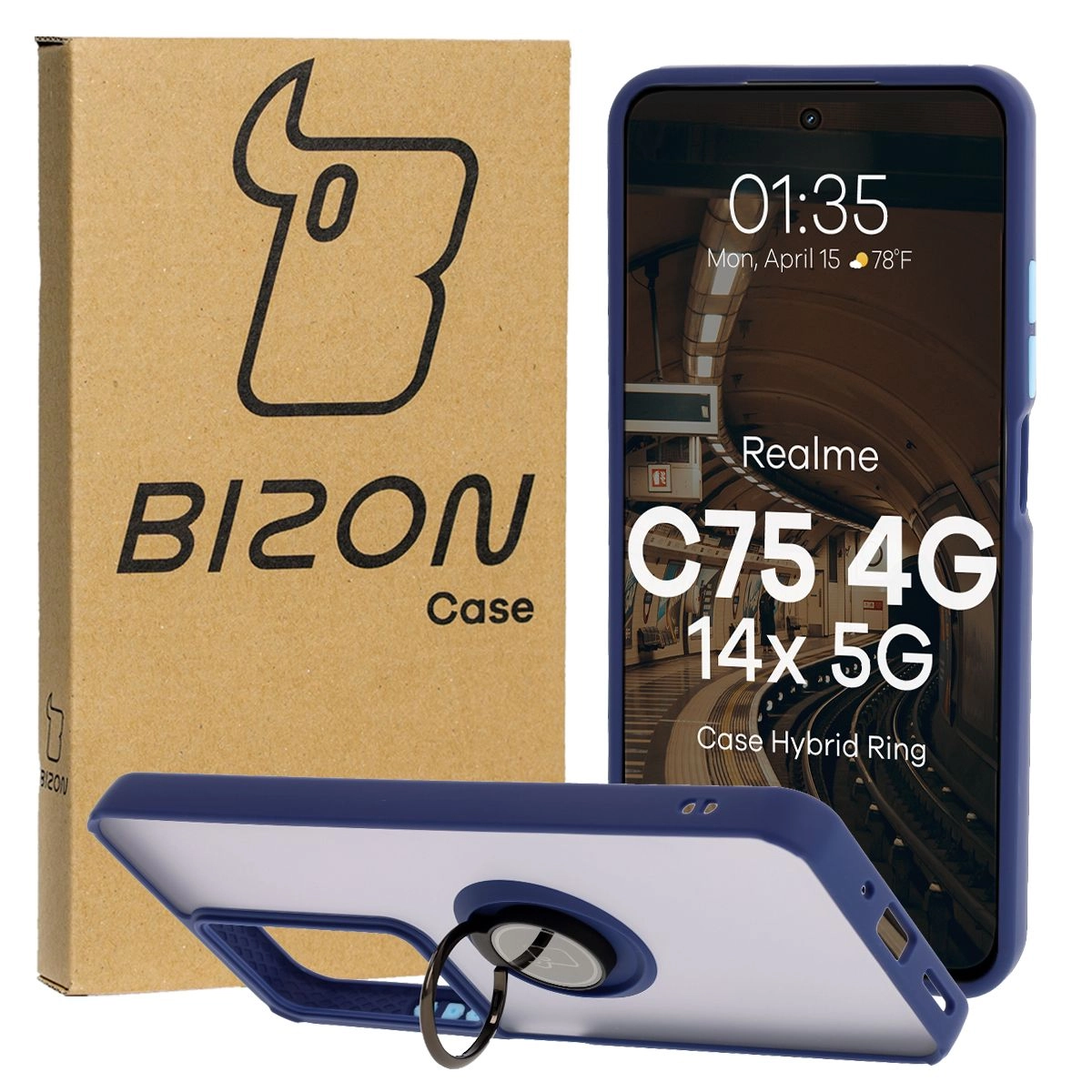 Etui Bizon z uchwytem na palec Hybrid Ring do Realme C75 4G/14x 5G przydymione z Granatową ramką