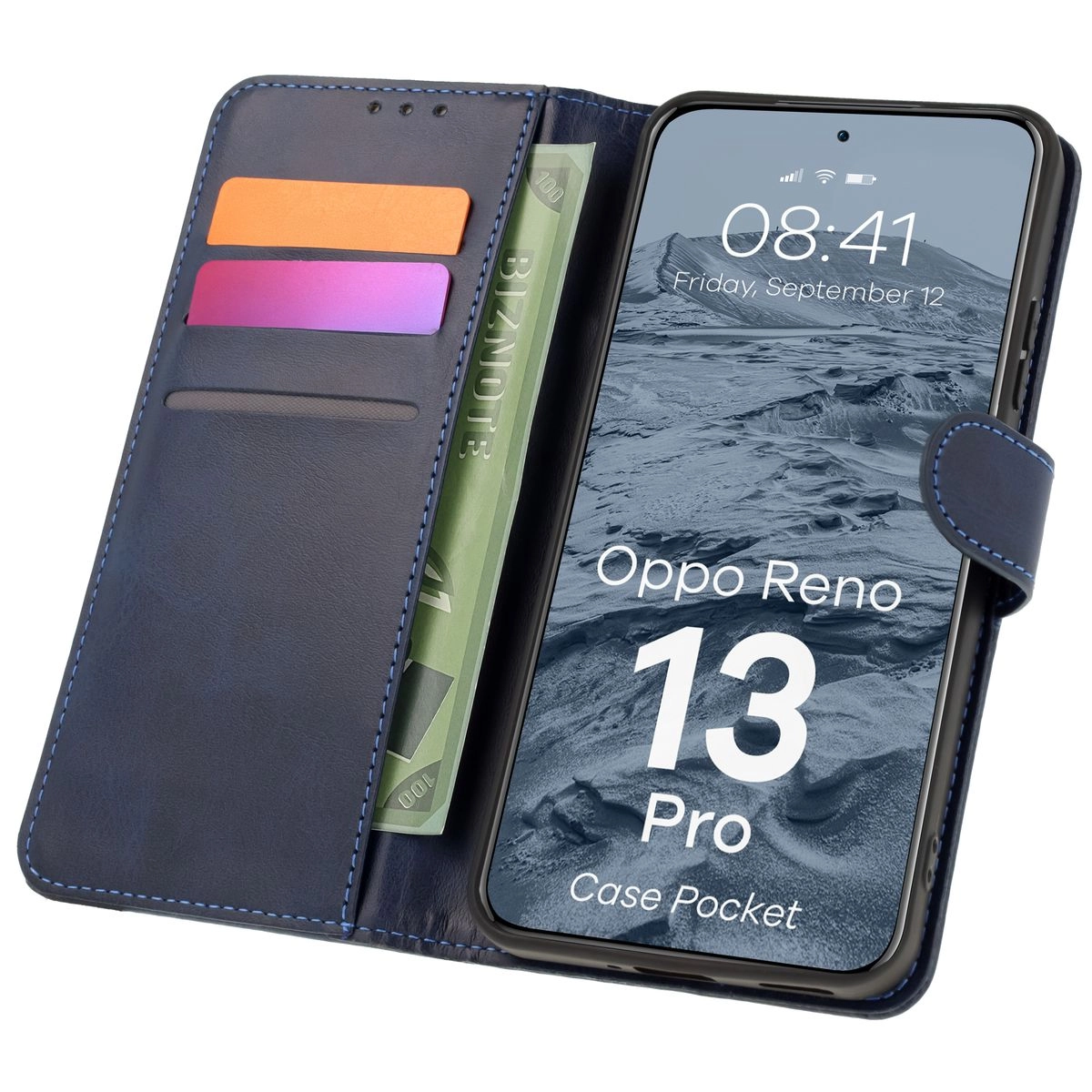 Etui Bizon z klapką Pocket do Oppo Reno13 Pro Granatowy
