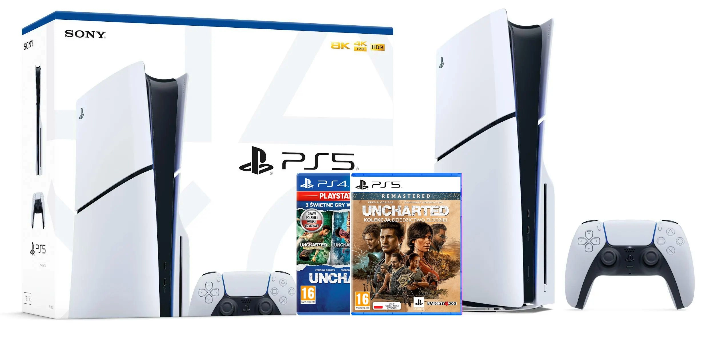 Konsola Sony PlayStation 5 Slim D Chassis (PS5) 1TB z napędem + Uncharted Kolekcja Nathana Drake'a+Kolekcja Dziedzictwo Złodziei