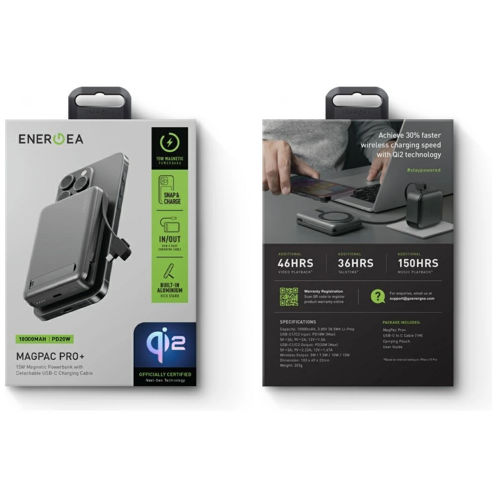 Powerbank Energea MagPac Pro Plus 10000mAh Wbudowany kabel USB-C PD 20W Qi2 MagSafe 15W Szary