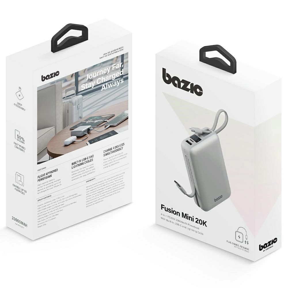 Powerbank Bazic Fusion Mini 20000mAh Wbudowany kabel USB-C/Lightning PD20W Szary