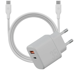 Ładowarka sieciowa Energea Bazic Goport Velox Kit 1xUSB-C 1xUSB-A GaN 35W z kablem plecionym Biały