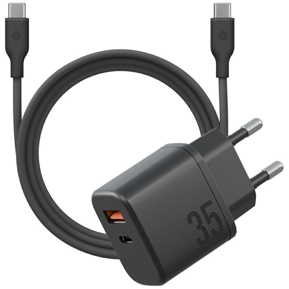 Ładowarka sieciowa Energea Bazic Goport Velox Kit 1xUSB-C 1xUSB-A GaN 35W z kablem plecionym Czarny