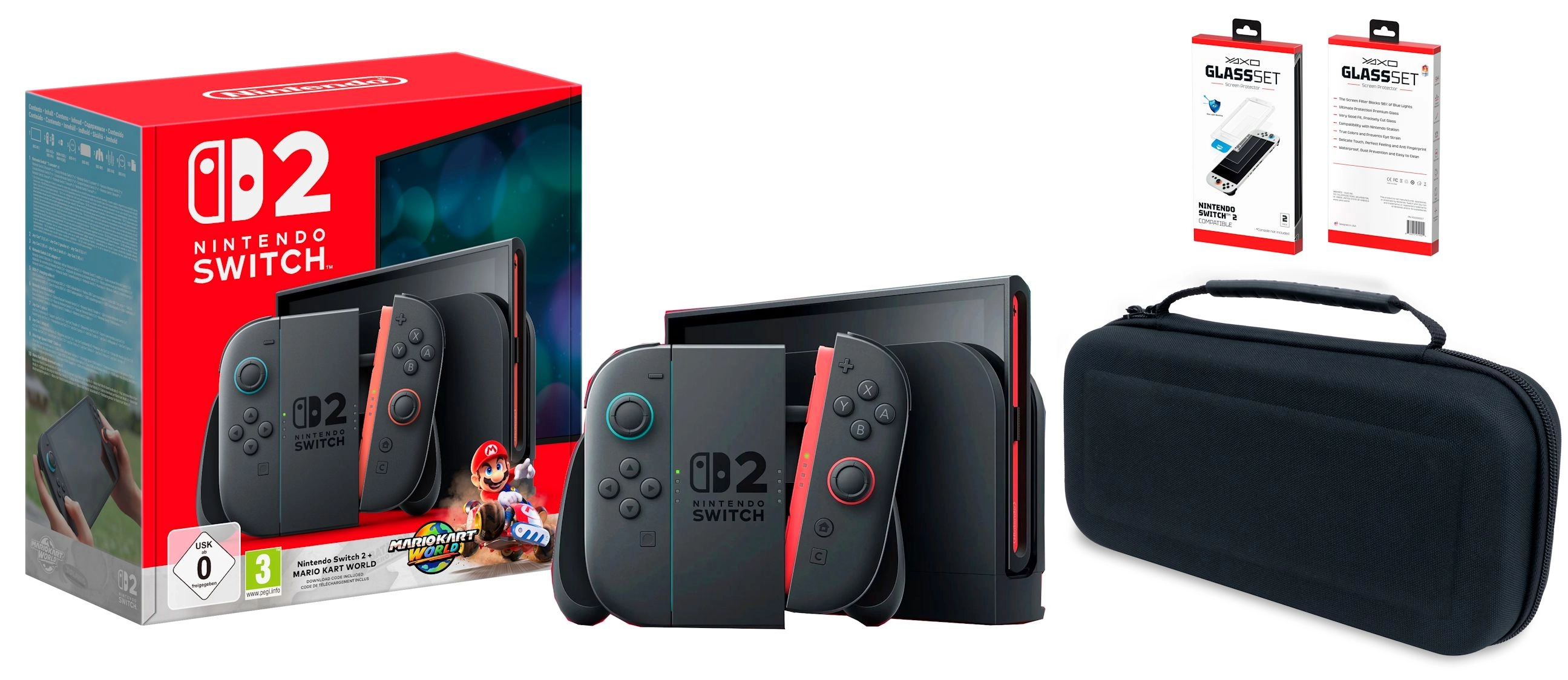 Konsola Nintendo Switch 2 Joy-Con Czarny + Mario Kart World + Etui Nacon Rigid Transport Case + Szkło Yaxo Glass Set