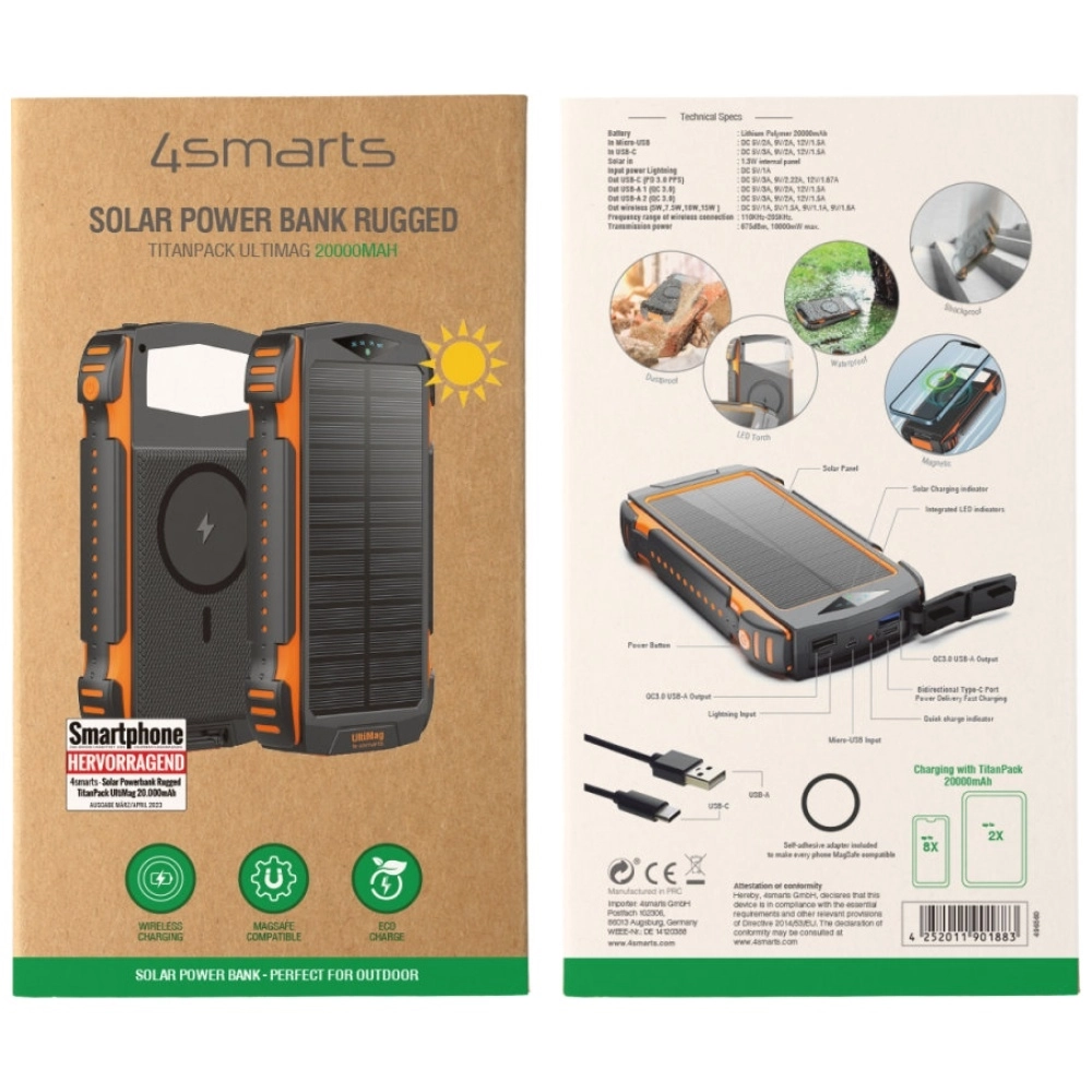 Powerbank solarny 4smarts TitanPack Rugged UltiMag 20000mAh 20W Czarno-pomarańczowy