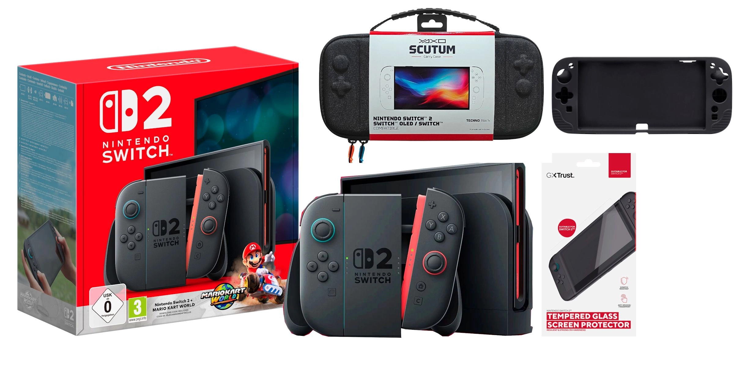 Konsola Nintendo Switch 2 Joy-Con Czarny + Mario Kart World + Etui Yaxo Scutum Techno + Szkło Trust GXT 1254 + Grip GXT 125