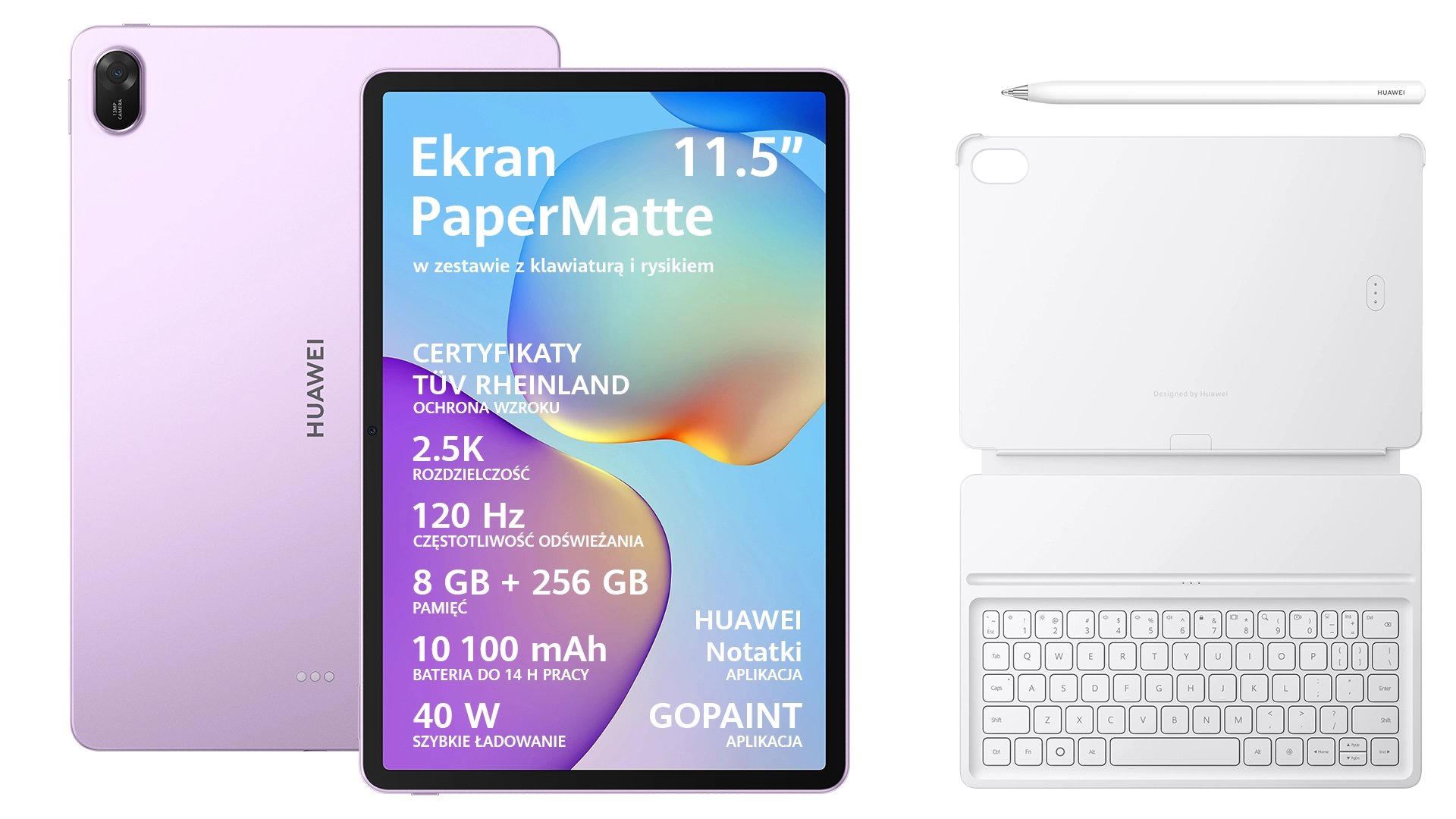 Tablet Huawei MatePad 11,5" 2025 8/256GB Wi-Fi Fioletowy + Klawiatura Biały + Rysik M-Pencil (3 gen.)