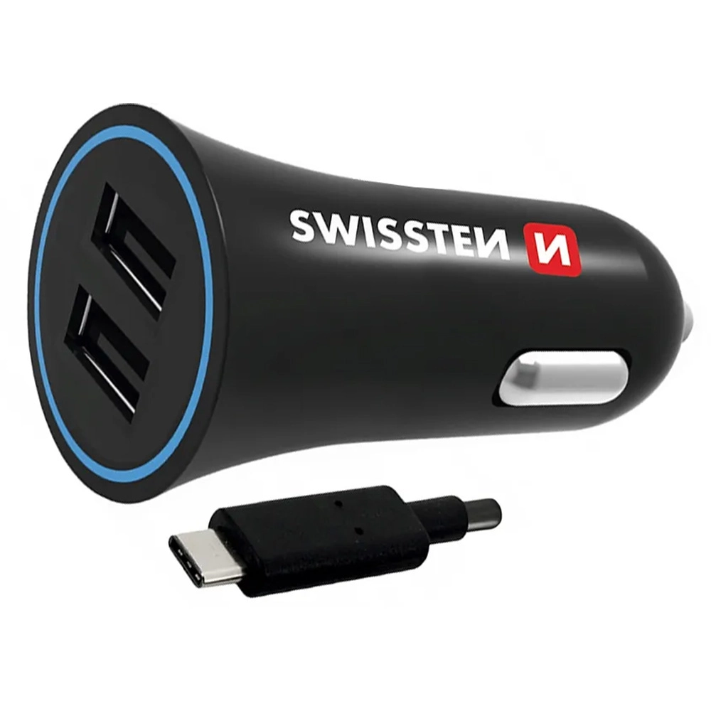 Ładowarka samochodowa Swissten 20110908 2xUSB, 2,4 A + USB/USB-C 1,2m Czarny