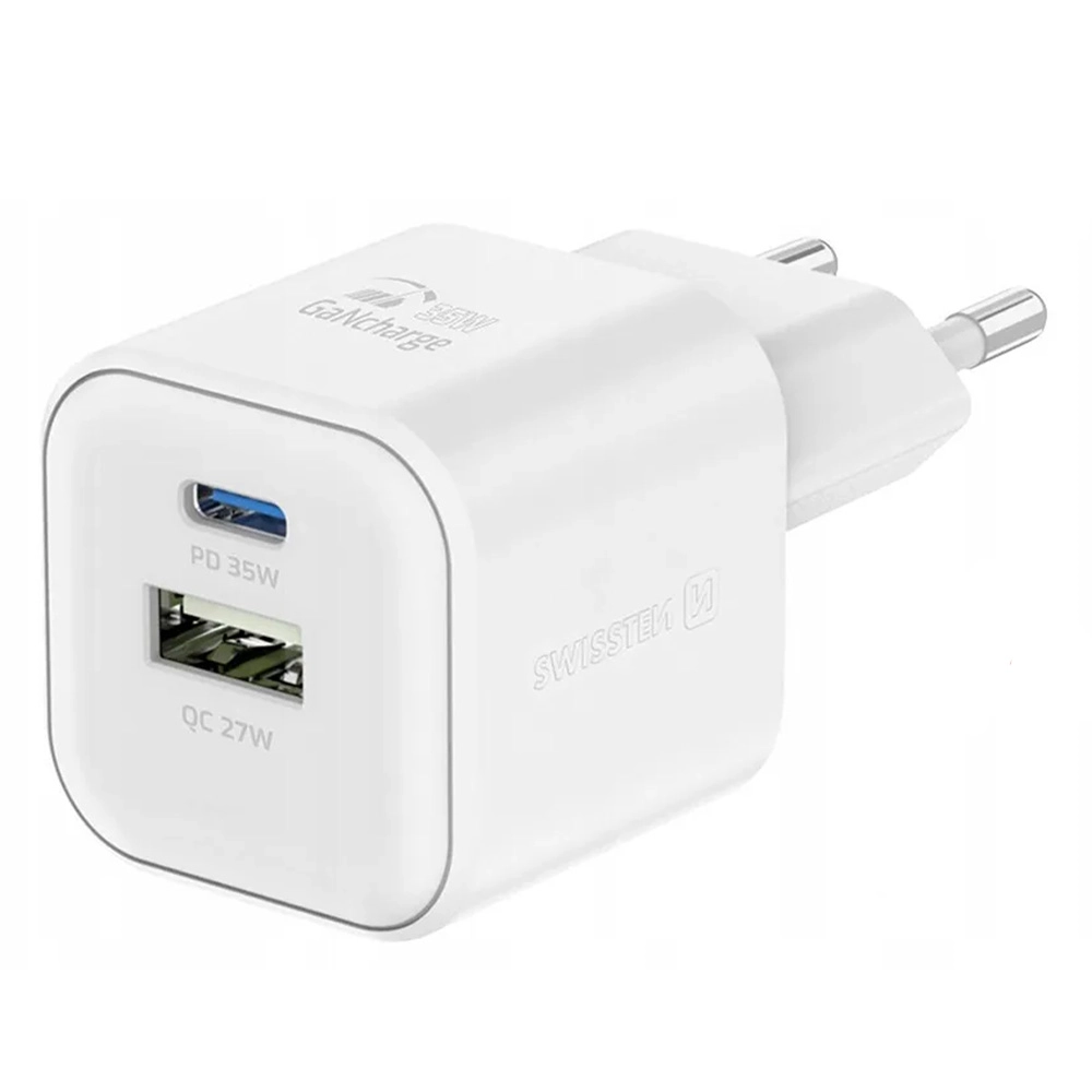 Ładowarka sieciowa Swissten 22071200 GaN 1x USB-C 35W PD 1x USB-A 27W QC Biały
