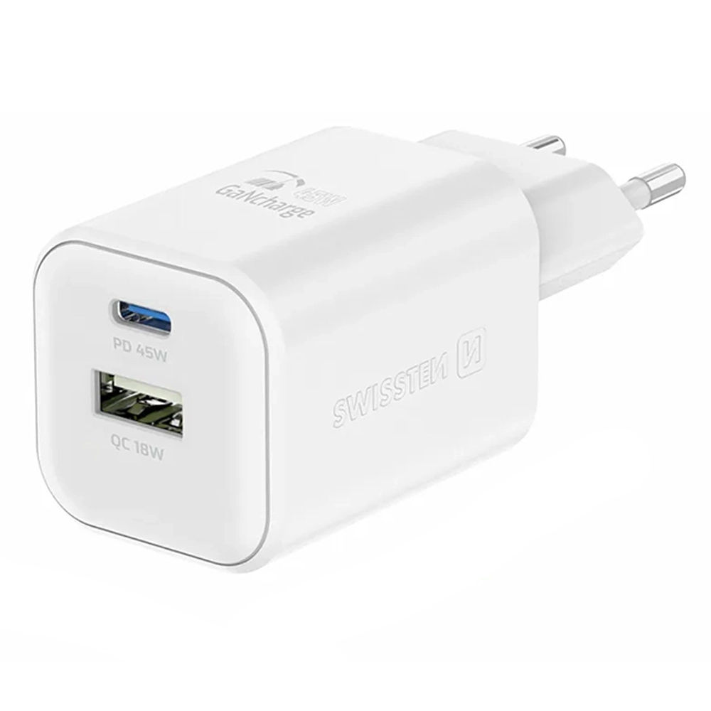 Ładowarka sieciowa Swissten 22071300 GaN 1x USB-C 45W PD 1x USB-A 18W QC Biały