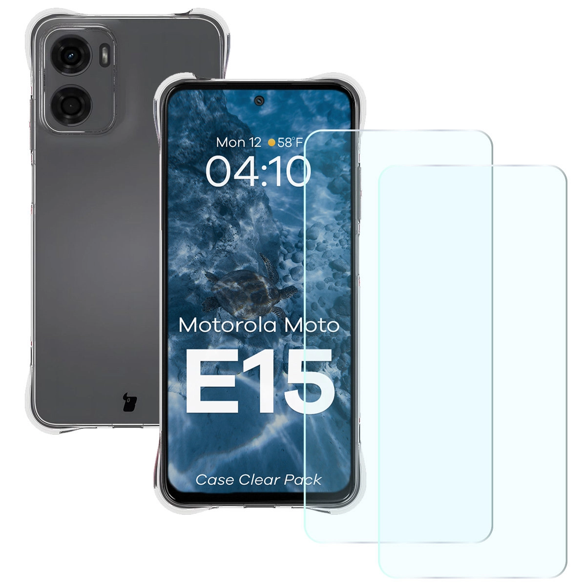 Zestaw ochronny Bizon elastyczne etui Salpa + 2x szkło hartowane Clear Pack do Motorola Moto E15