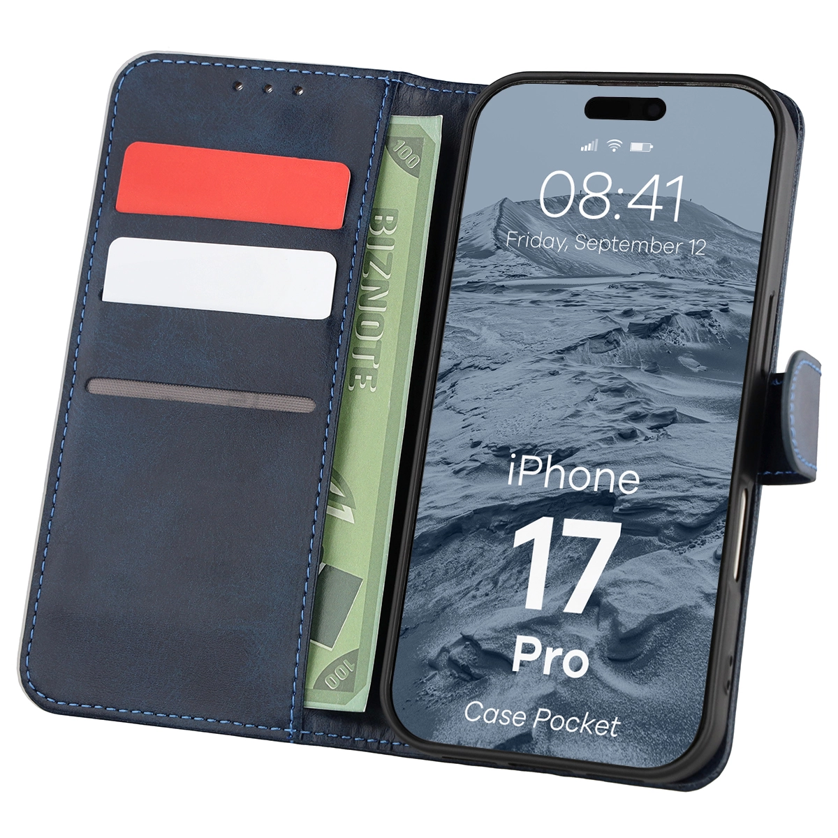 Etui Bizon z klapką Pocket do Apple iPhone 17 Pro Granatowy