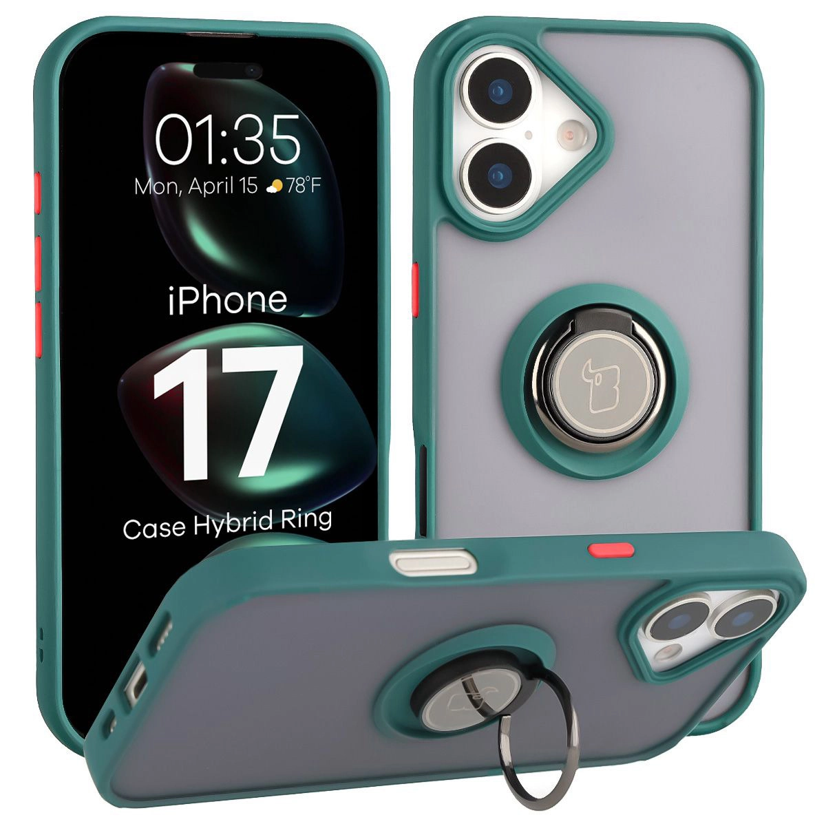 Bizon z uchwytem na palec Hybrid Ring do Apple iPhone 17 Przydymione z Zieloną ramką
