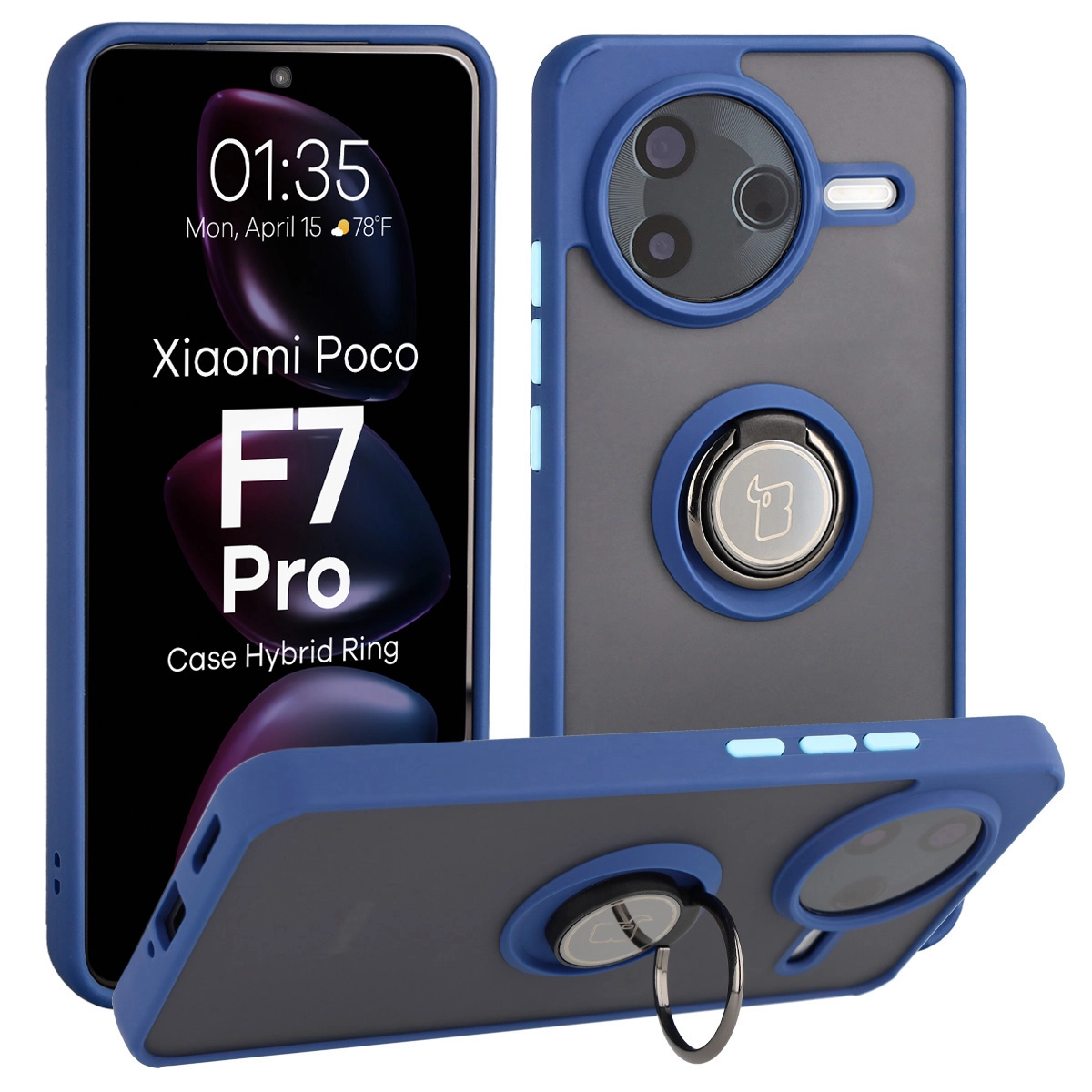 Bizon z uchwytem na palec Hybrid Ring do Xiaomi POCO F7 Pro Przydymione z niebieską ramką