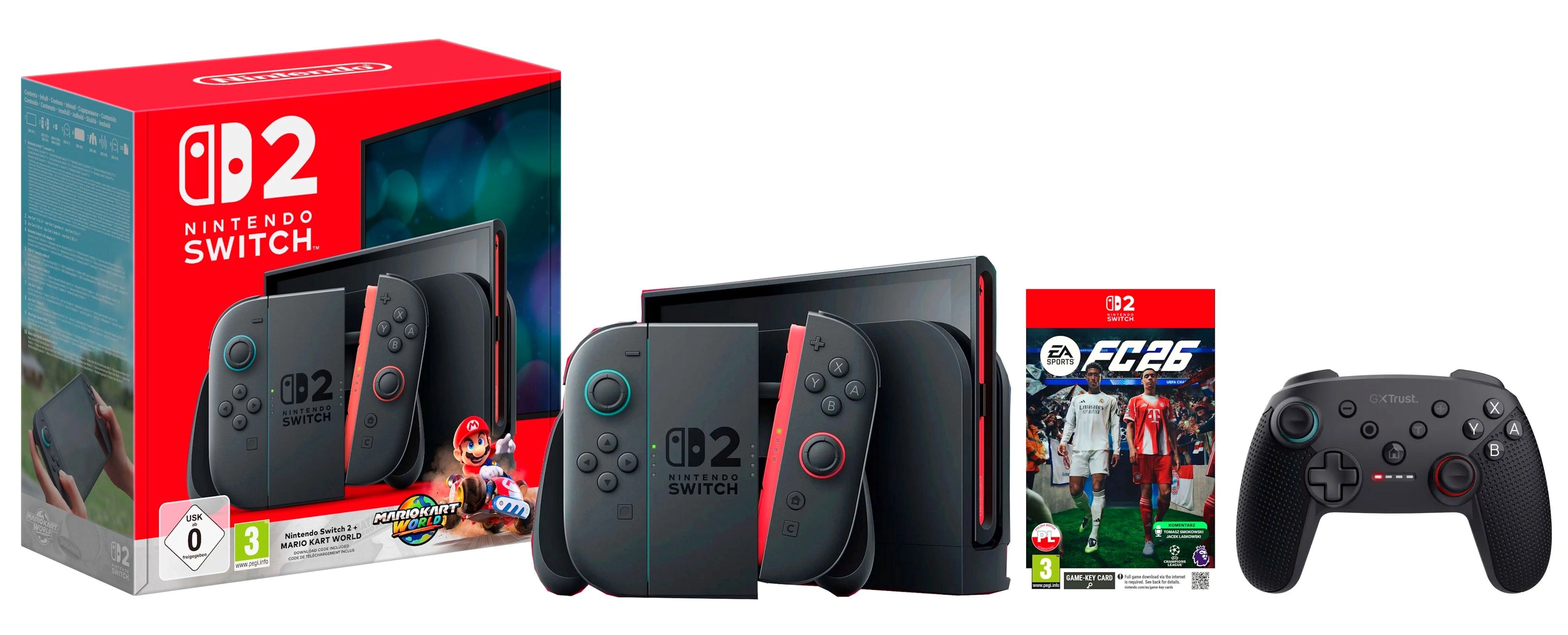 Konsola Nintendo Switch 2 Joy-Con Czarny + Mario Kart World + EA SPORTS FC 26 + Pad Trust GXT 1246 MUTA