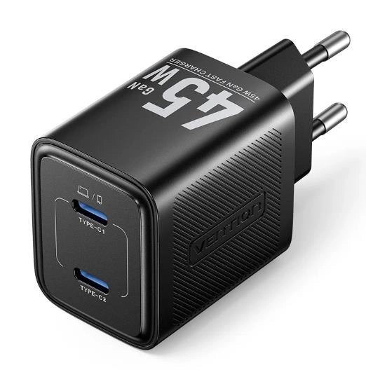 Ładowarka sieciowa Vention 2xUSB-C 45W GAN PD Czarny