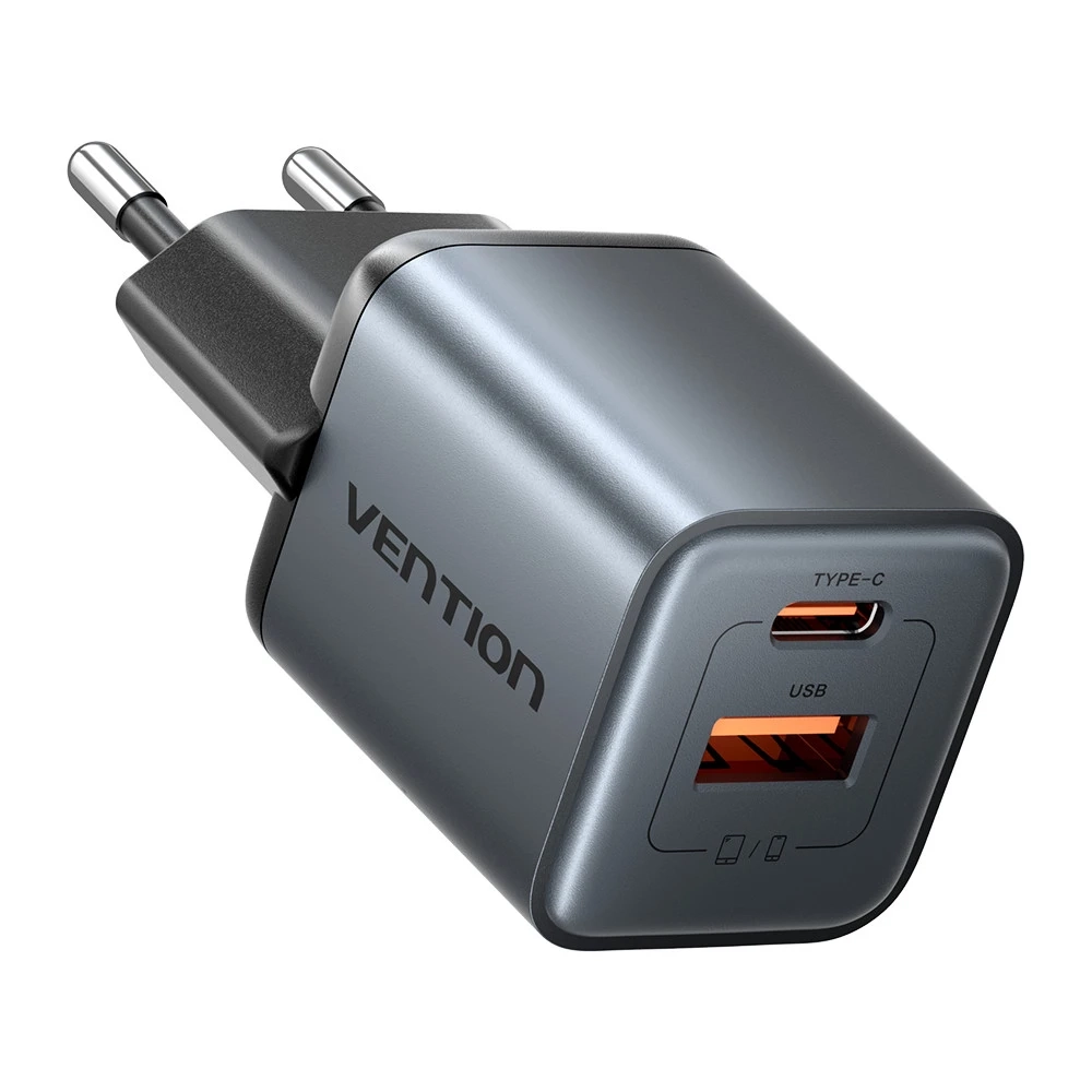 Ładowarka sieciowa Vention 1x USB-A 1x USB-C GaN 30W Szary