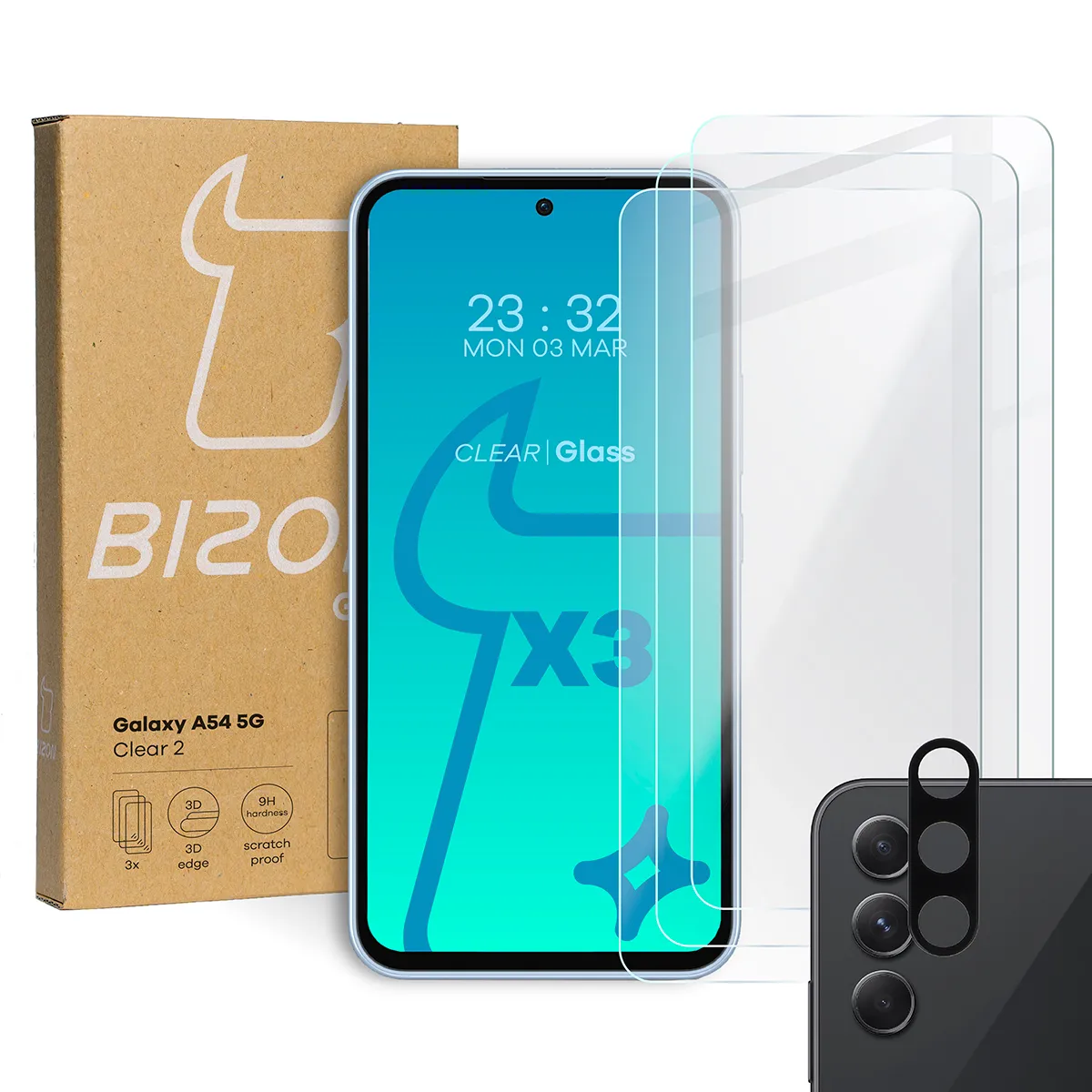 Zestaw ochronny Bizon 3x Szkło hartowane + szybka na aparat Clear 2 Pack do Samsung Galaxy A54 5G