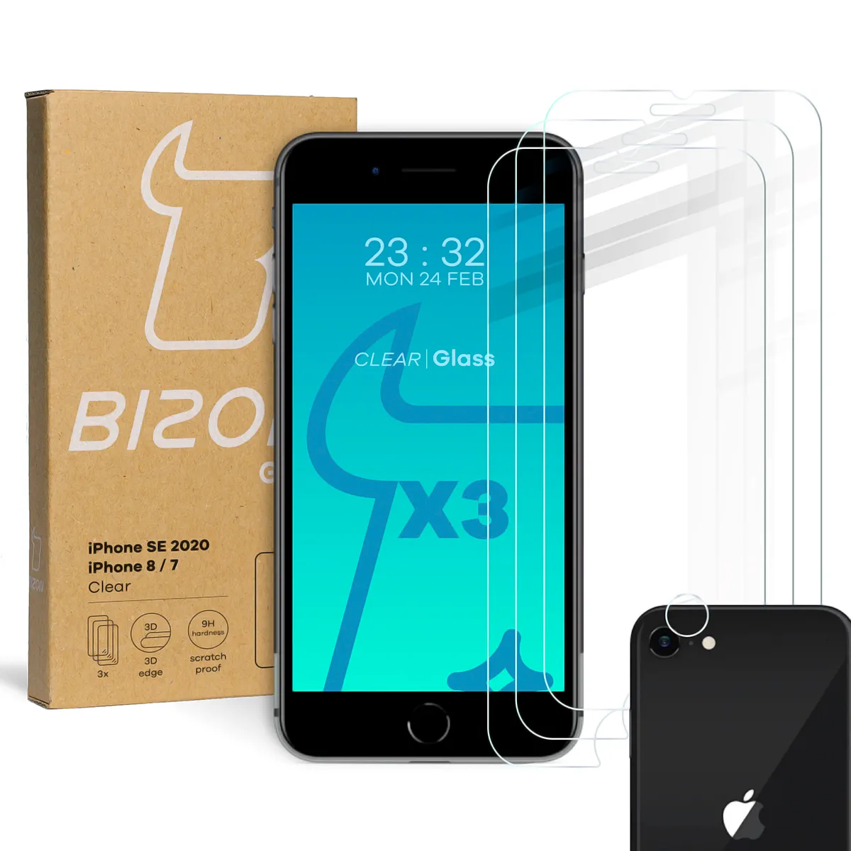 Zestaw ochronny Bizon 3x Szkło hartowane + szybka na aparat Glass Clear Pack do iPhone SE 2022 / 2020 / 8 / 7
