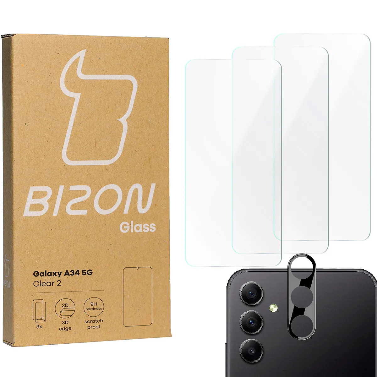 Zestaw ochronny Bizon 3x Szkło hartowane + szybka na aparat Clear 2 Pack do Samsung Galaxy A34 5G